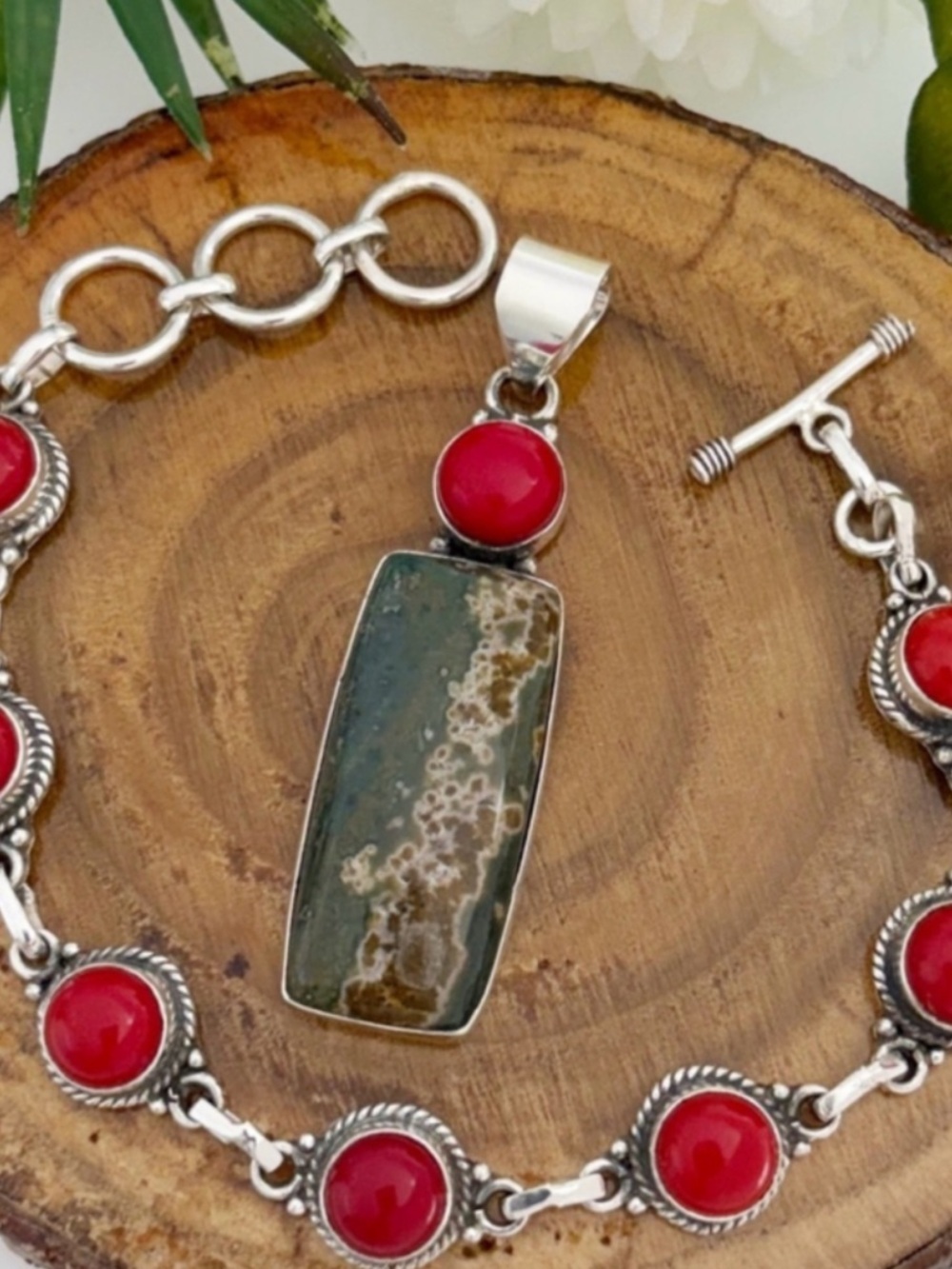 Southwest Jewelry Set Ocean Jasper & Red Coral Pendant Coral Bracelet New 925